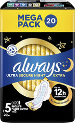 Always Ultra Sanitary Towels with Wings, Secure Night, Size 5, (20pcs), MEGA PACK, Odour Neutraliser, Absorbent Core