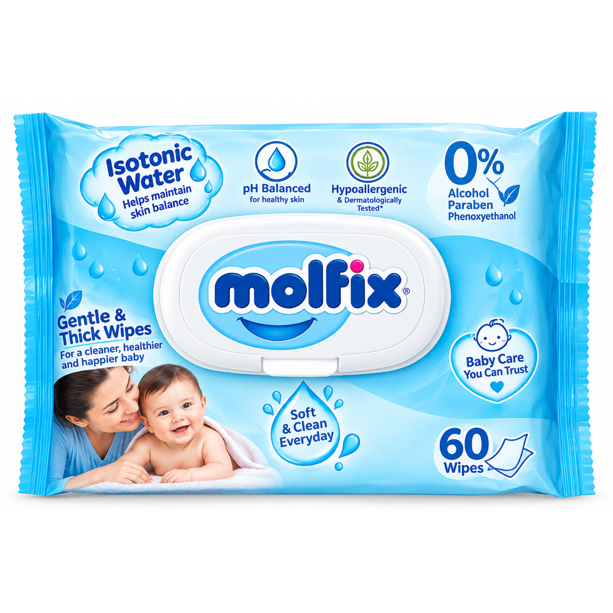 Molfix Isotonic Water Sensitive Skin Baby Wipes – 60 Pack